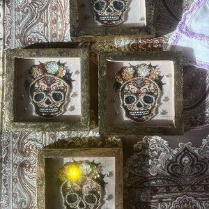 Day of the Dead Sugar Skull Artisan Wall Art with Gold Frames Set of 4